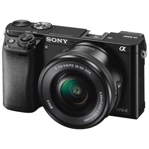 Sony Alpha A6000 Mirrorless Digital Camera showcasing its 16-50mm lens in a vibrant setting
